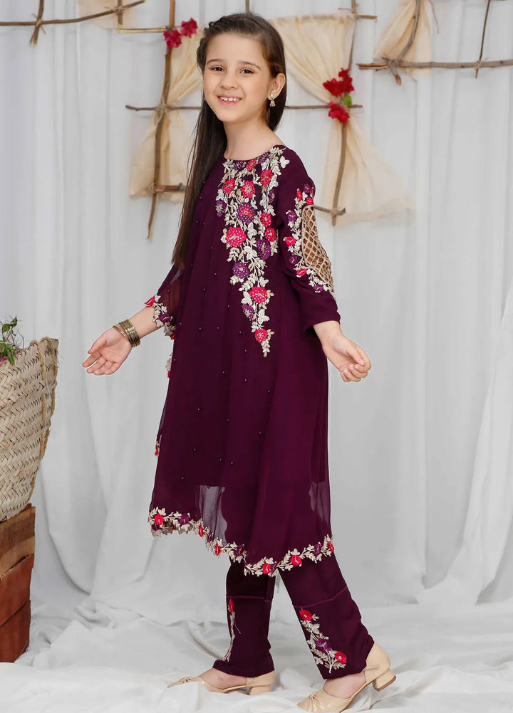 Modest Pret Casual Chiffon 3 Piece Suit Pearl Cape Shirt Kids - Purple