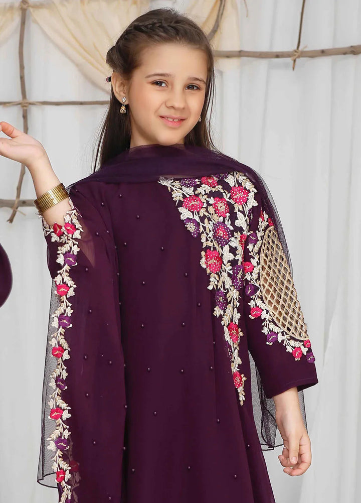 Modest Pret Casual Chiffon 3 Piece Suit Pearl Cape Shirt Kids - Purple