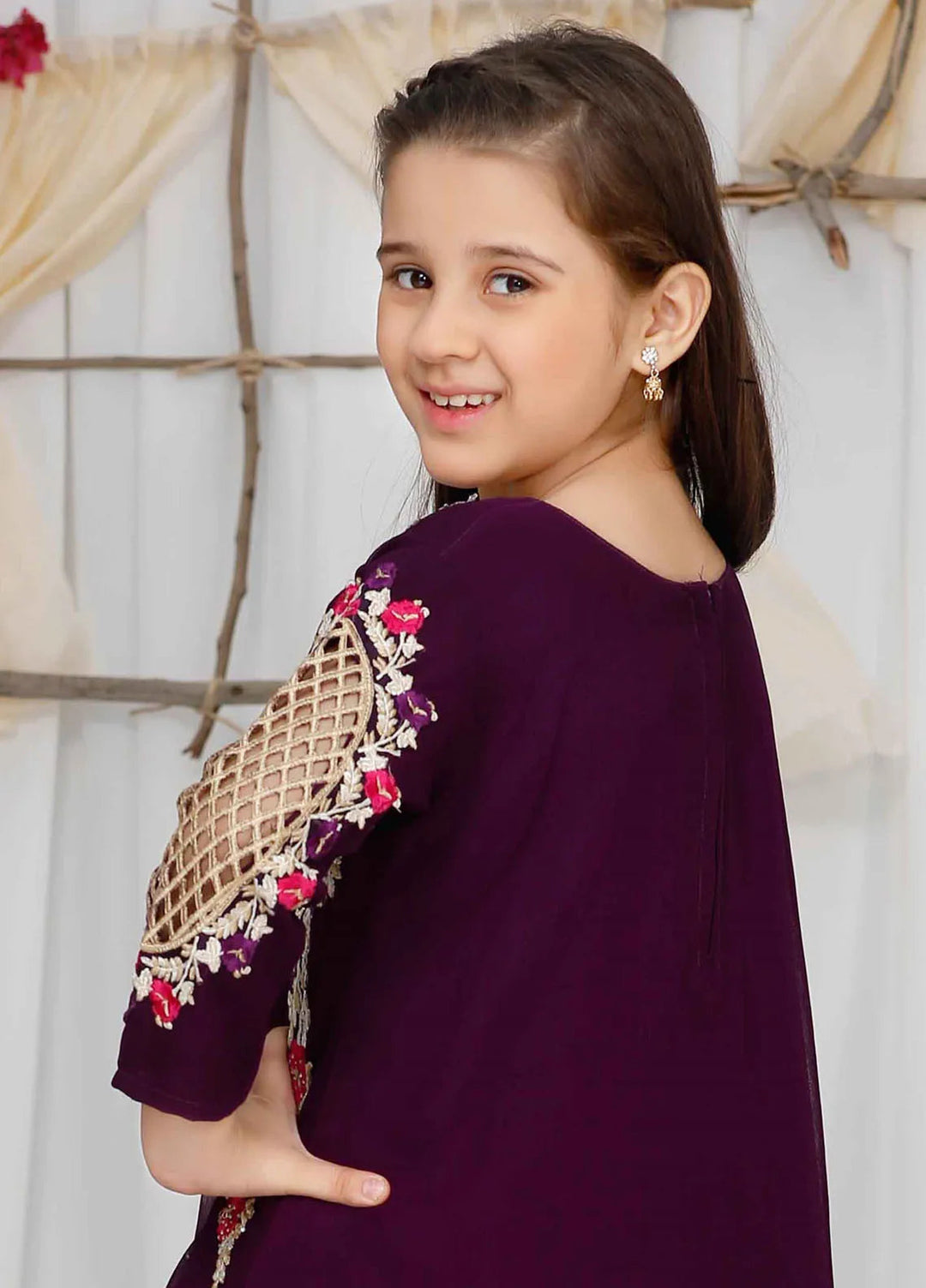 Modest Pret Casual Chiffon 3 Piece Suit Pearl Cape Shirt Kids - Purple