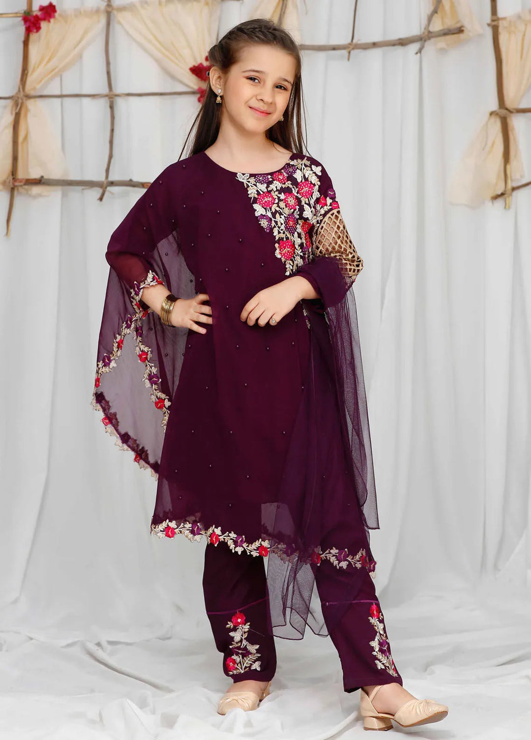 Modest Pret Casual Chiffon 3 Piece Suit Pearl Cape Shirt - Purple