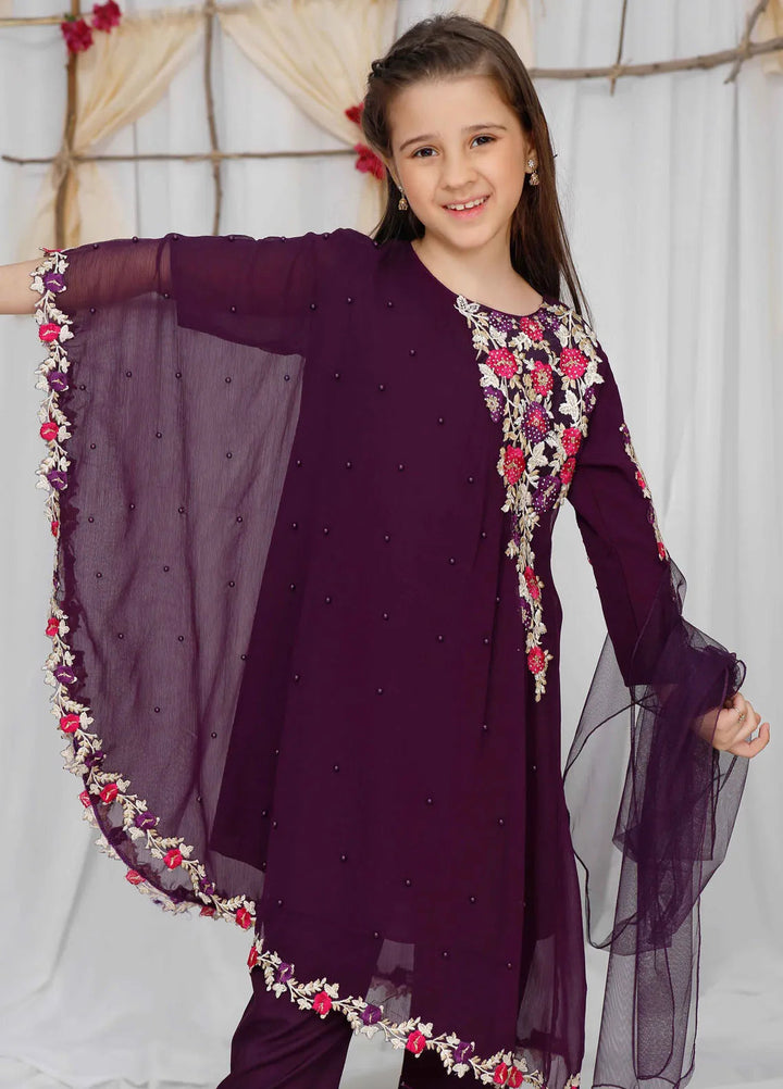 Modest Pret Casual Chiffon 3 Piece Suit Pearl Cape Shirt - Purple