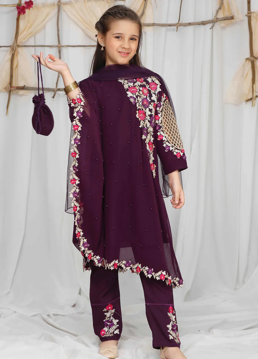 Modest Pret Casual Chiffon 3 Piece Suit Pearl Cape Shirt - Purple