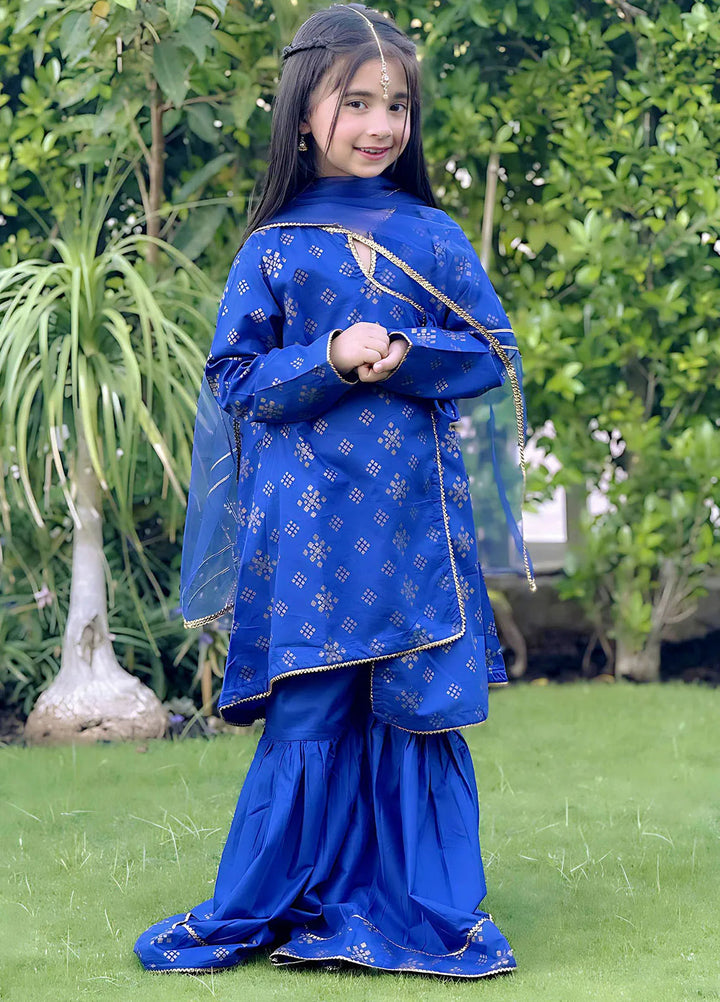 Modest Pret Casual Cotton 3 Piece Suit Girls Blue 3 Piece Cotton Suit - 8585