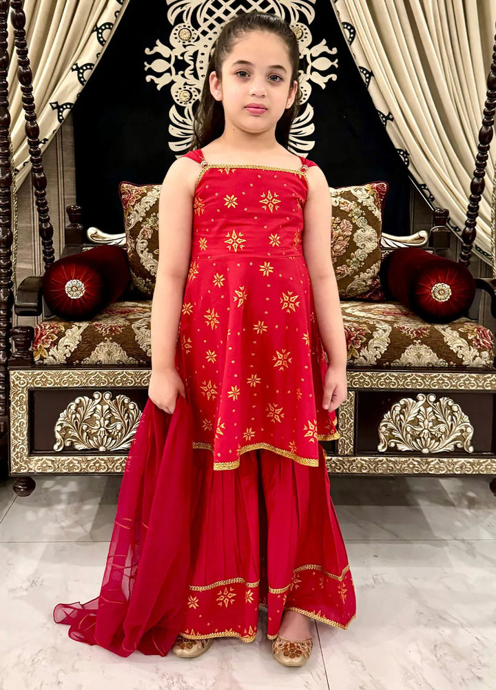 Modest Pret Casual Cotton 3 Piece Suit Toddlers 3 Piece Cotton Suit - 8575 Red