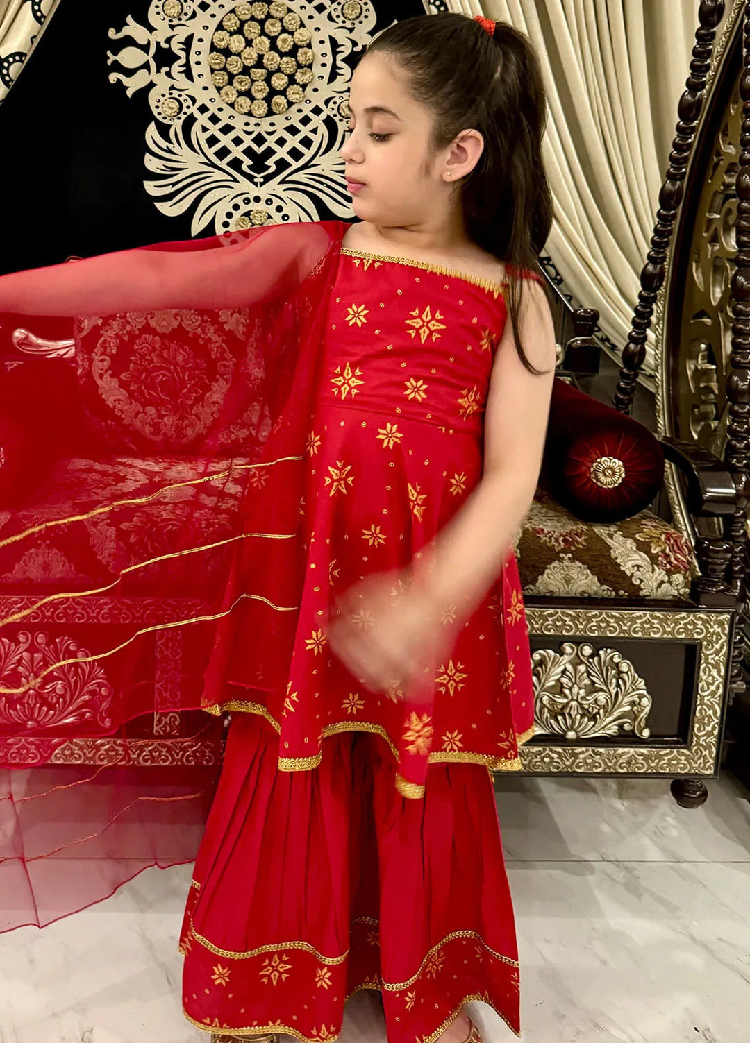 Modest Pret Casual Cotton 3 Piece Suit Toddlers 3 Piece Cotton Suit - 8575 Red