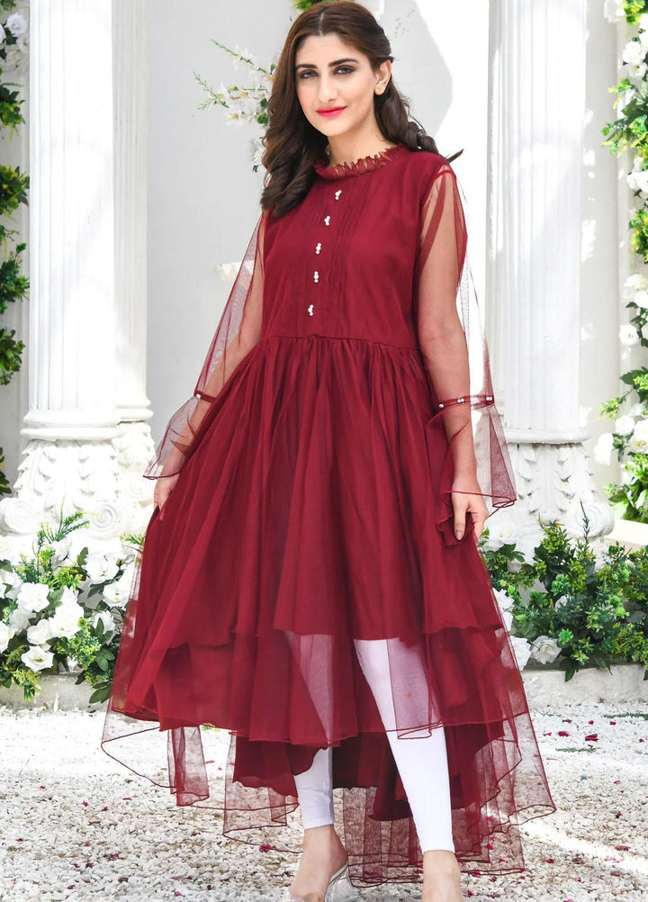 Modest Pret  Net Frock W211-Maroon Blaze