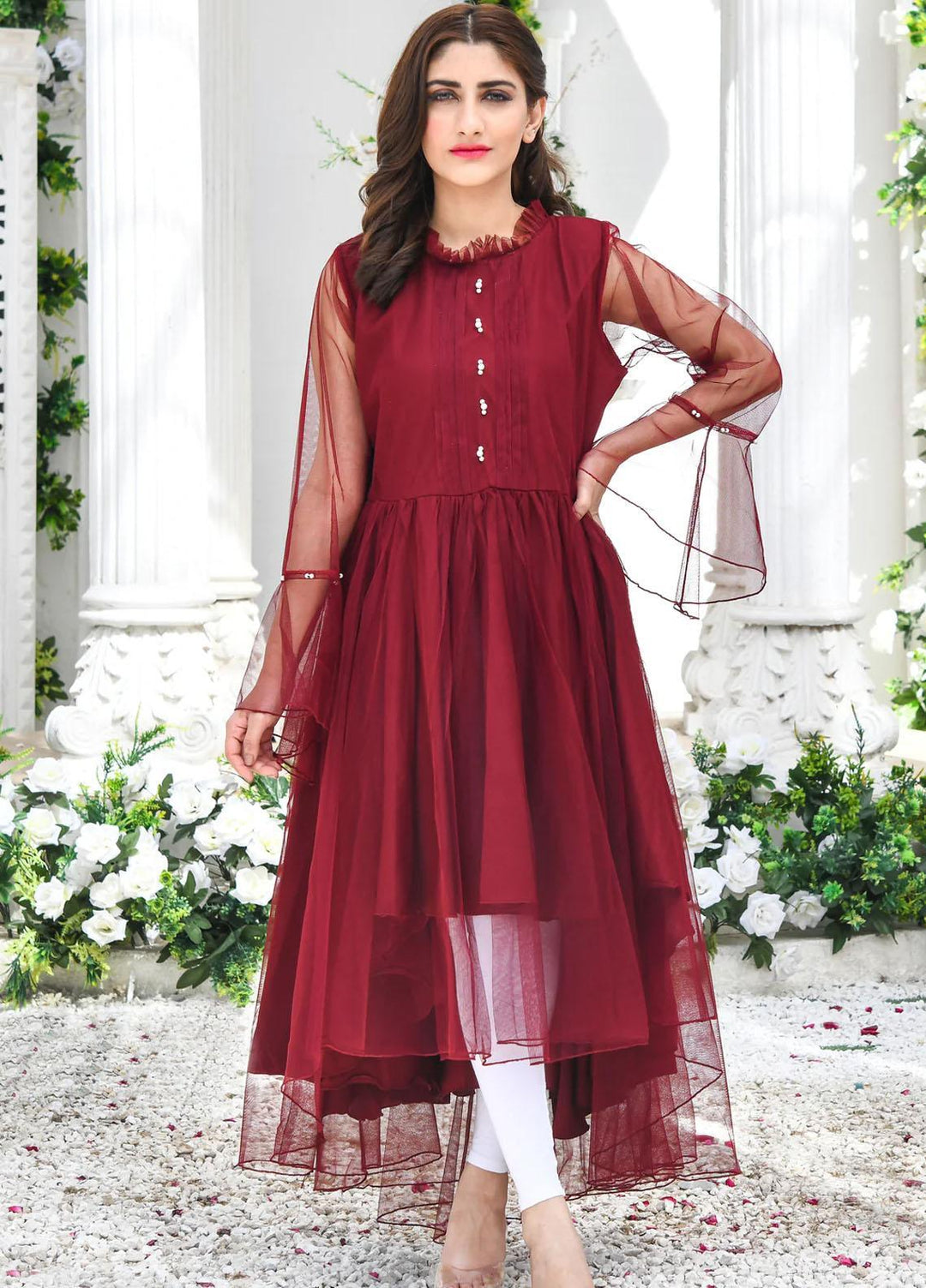Modest Pret  Net Frock W211-Maroon Blaze