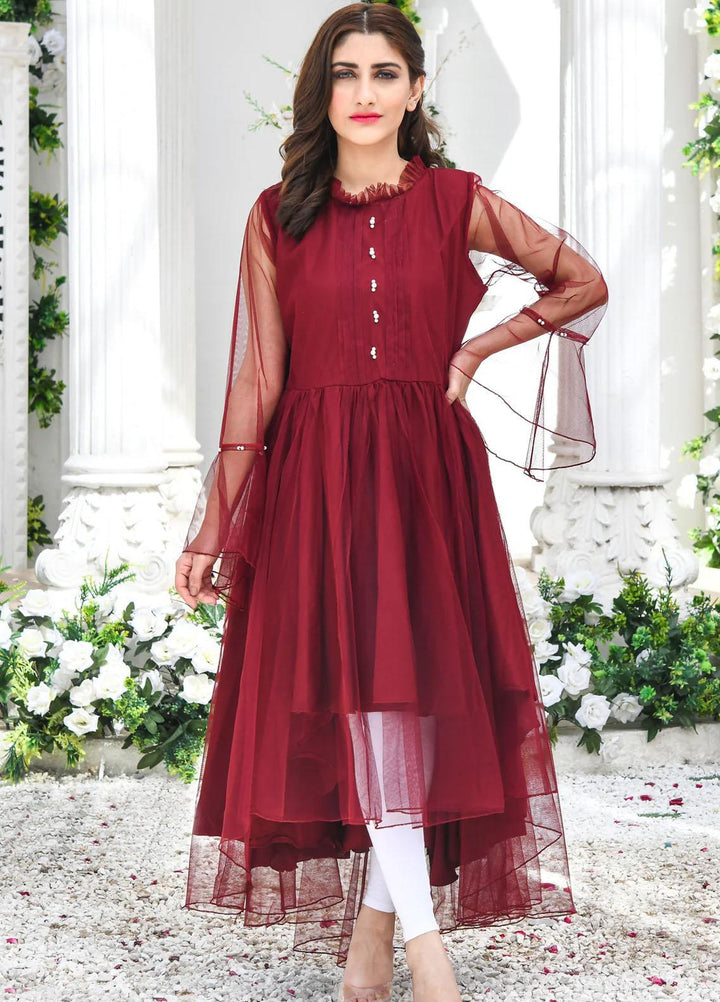 Modest Pret  Net Frock W211-Maroon Blaze