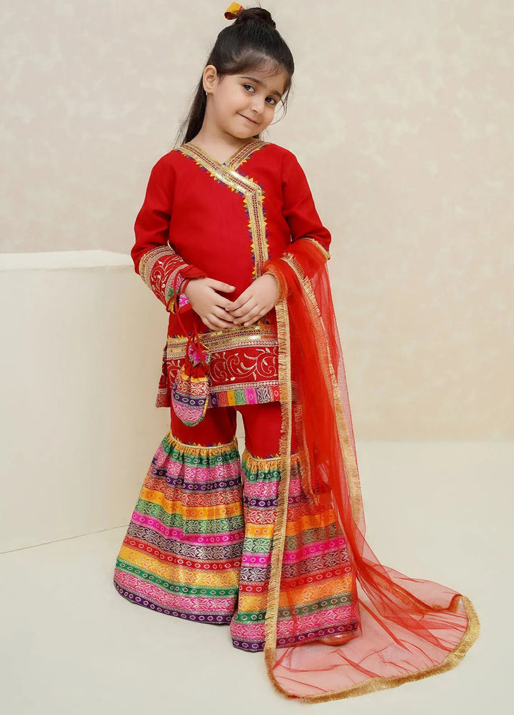 Modest Pret Emblished Raw Silk 3 Piece Suit Mah e Noor Red