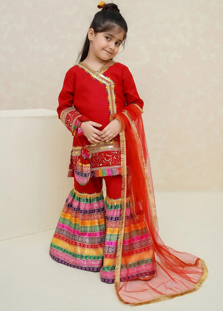 Modest Pret Emblished Raw Silk 3 Piece Suit Mah e Noor Red