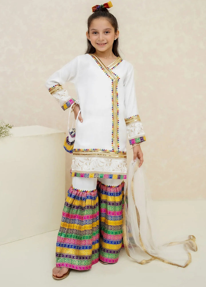Modest Pret Emblished Raw Silk 3 Piece Suit Mah e Noor White