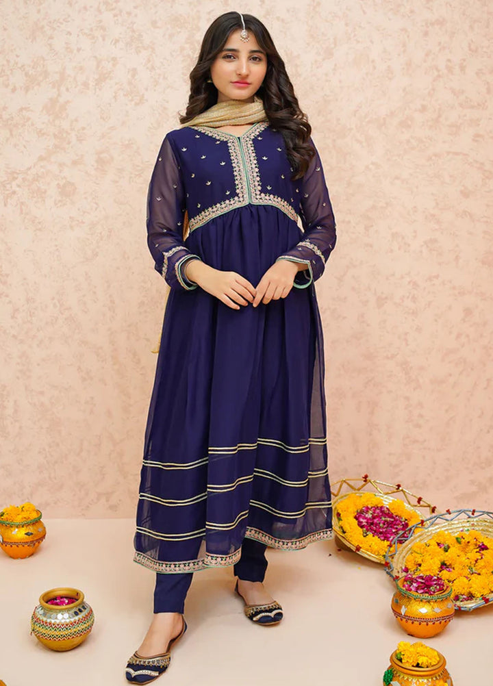 Modest Pret Embroidered Chiffon 3 Piece Suit Blue 9075