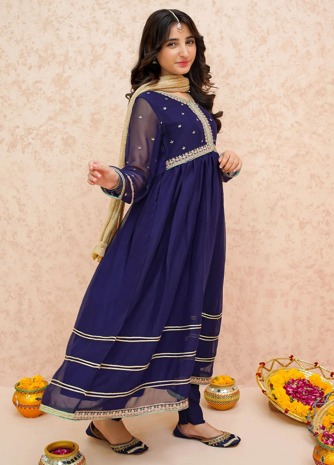 Modest Pret Embroidered Chiffon 3 Piece Suit Blue 9075