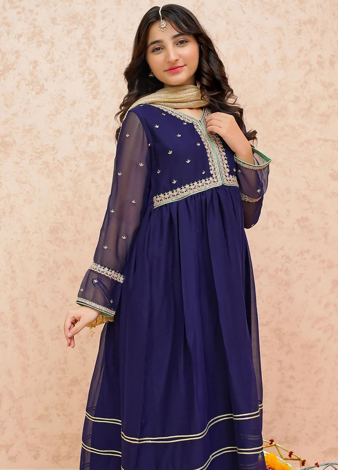 Modest Pret Embroidered Chiffon 3 Piece Suit Blue 9075