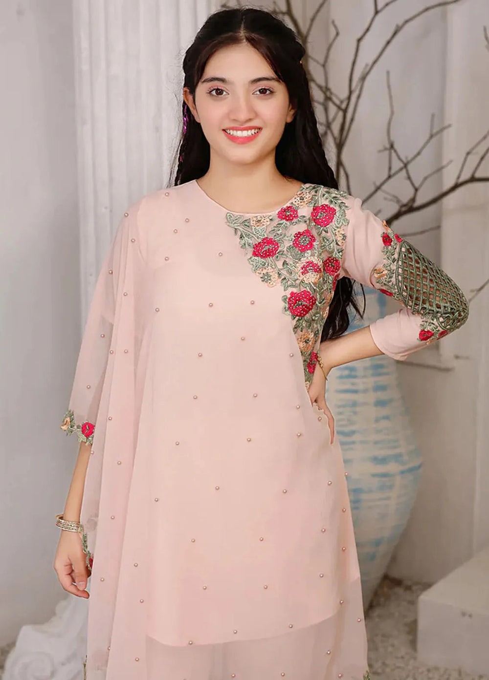 Modest Pret Embroidered Chiffon 3 Piece Suit Pearl Cape Shirt - Peach