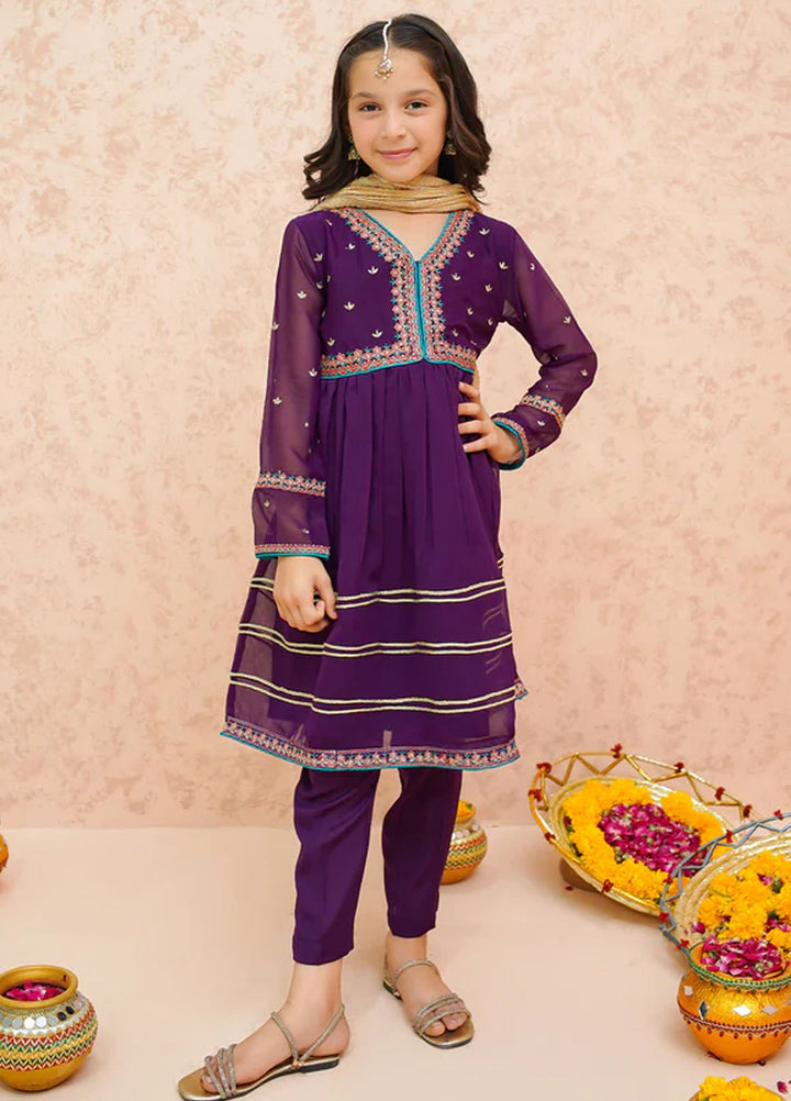Modest Pret Embroidered Chiffon 3 Piece Suit Purple 9075
