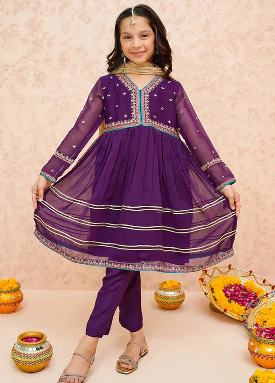 Modest Pret Embroidered Chiffon 3 Piece Suit Purple 9075