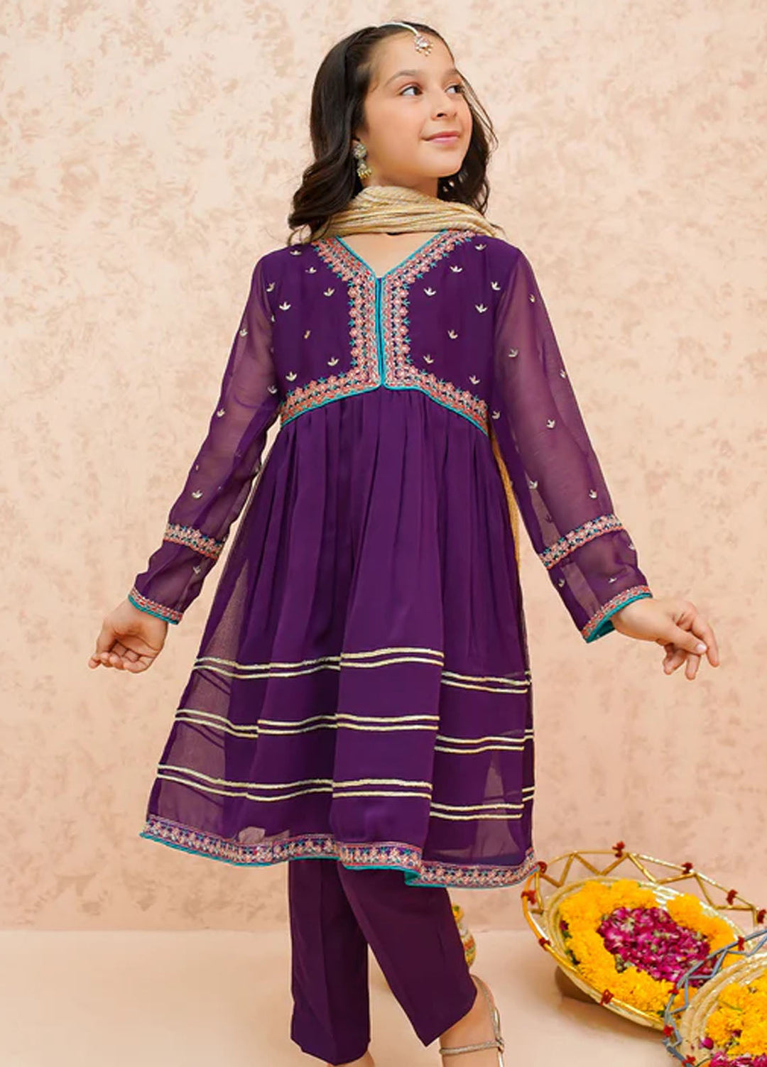 Modest Pret Embroidered Chiffon 3 Piece Suit Purple 9075