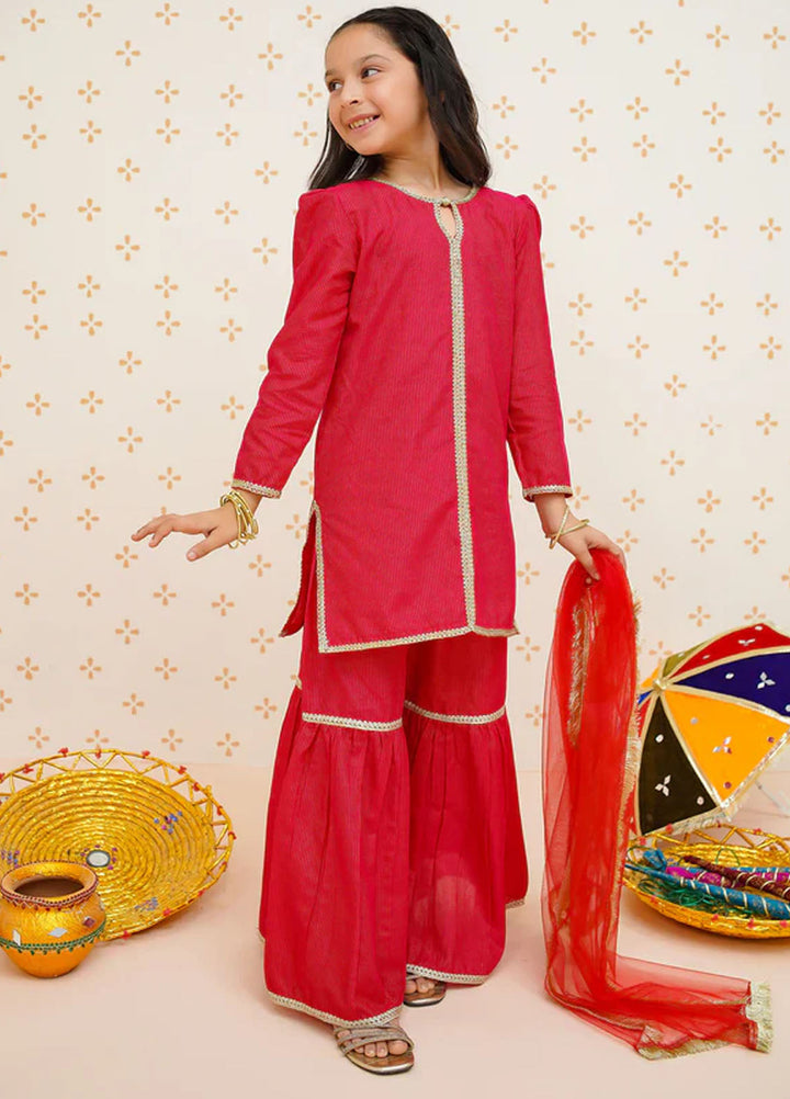 Modest Pret Embroidered Cotton Lawn 3 Piece Suit Red Gharara 9520
