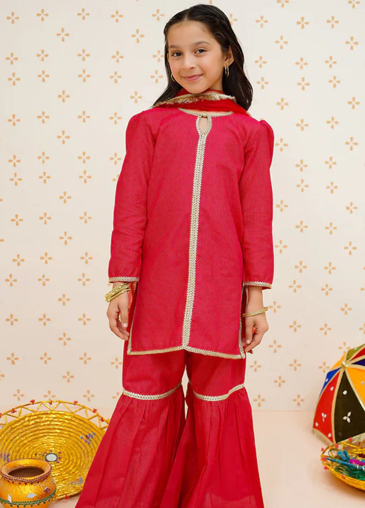 Modest Pret Embroidered Cotton Lawn 3 Piece Suit Red Gharara 9520