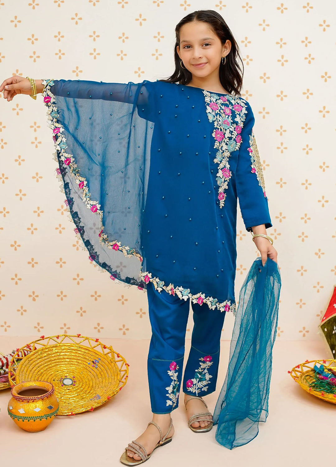 Modest Pret Embroidered Raw Silk 3 Piece Suit Pearl Cape Dress