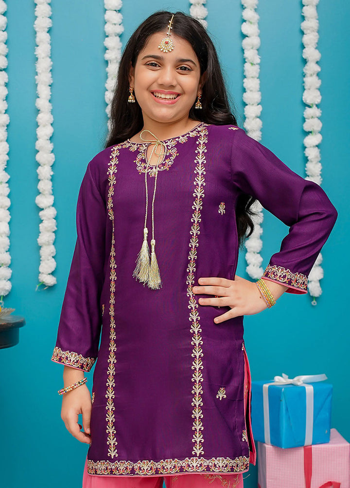 Modest Pret Embroidered Rawsilk 3 Piece Suit Gulnoor - Purple