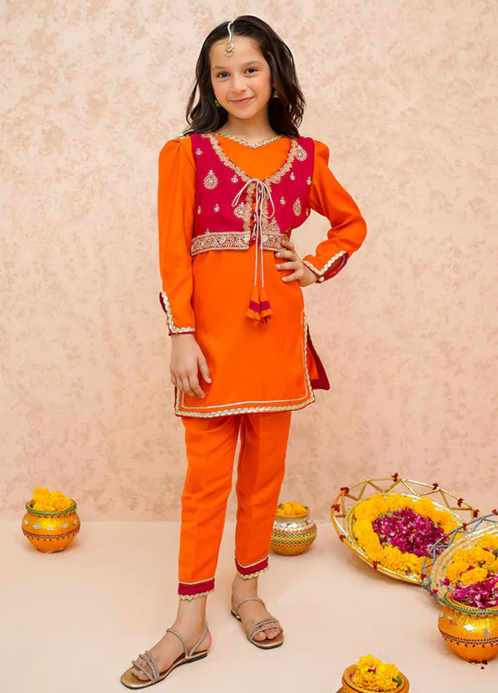 Modest Pret Embroidered Rawsilk 3 Piece Suit Orange 9035
