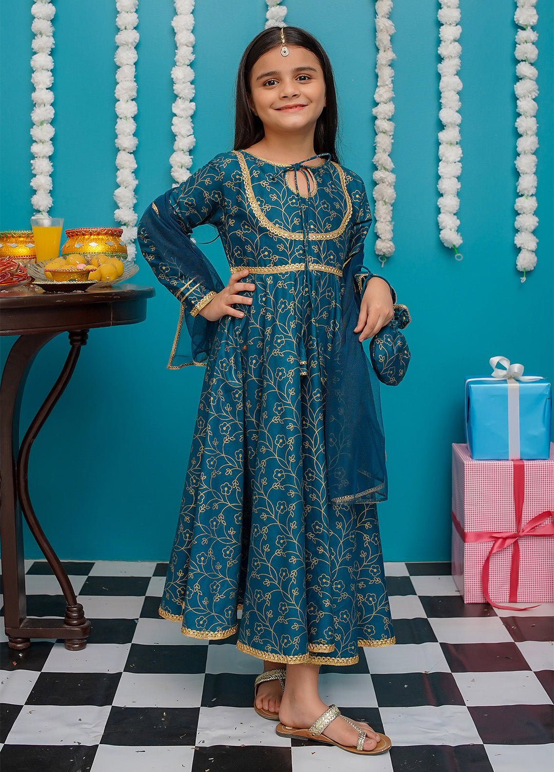Modest Pret Girls Cotton 3 Piece Suit Blue Frock 9230