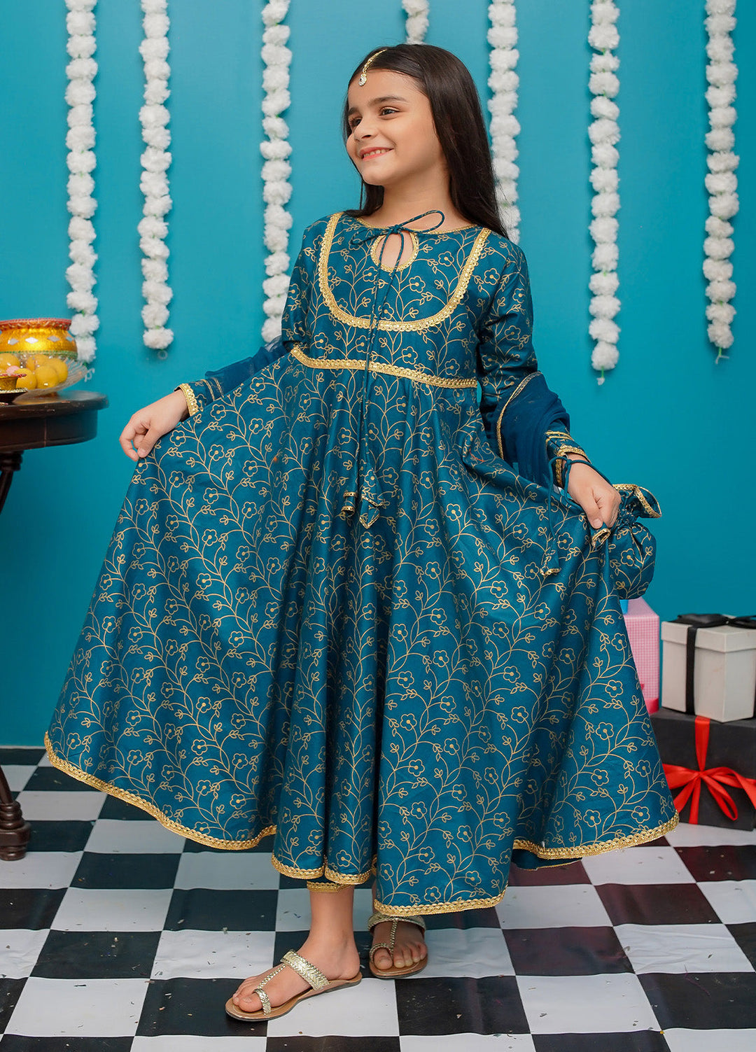 Modest Pret Girls Cotton 3 Piece Suit Blue Frock 9230