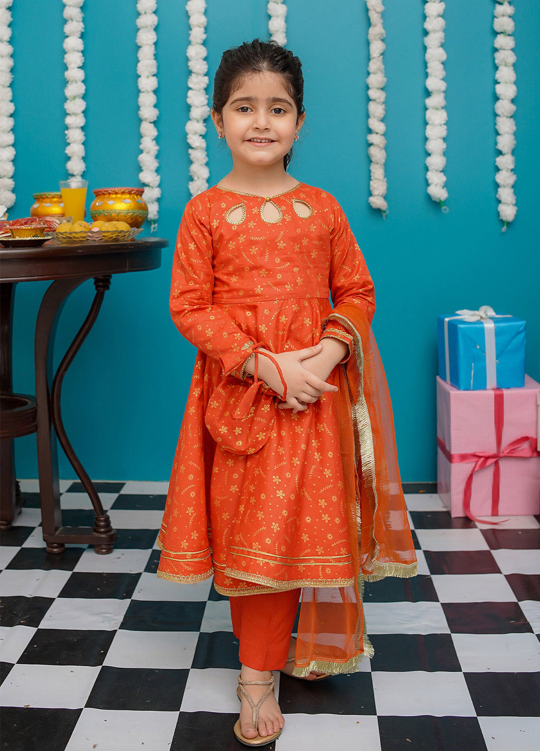 Modest Pret Girls Cotton 3 Piece Suit Orange Frock 9220