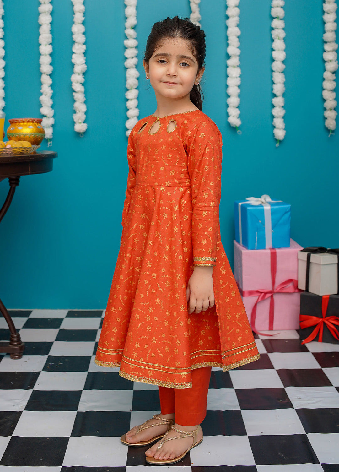 Modest Pret Girls Cotton 3 Piece Suit Orange Frock 9220
