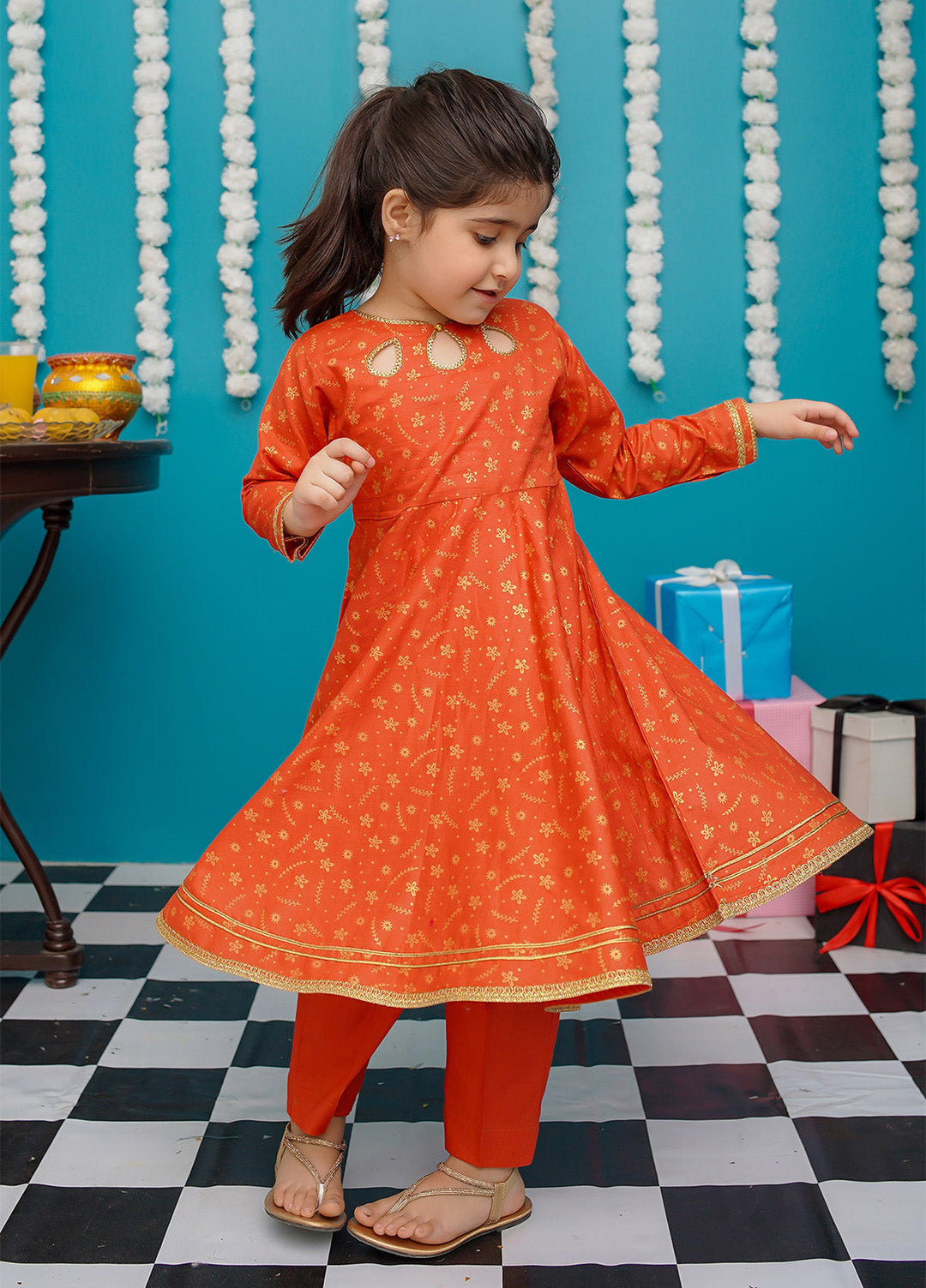 Modest Pret Girls Cotton 3 Piece Suit Orange Frock 9220