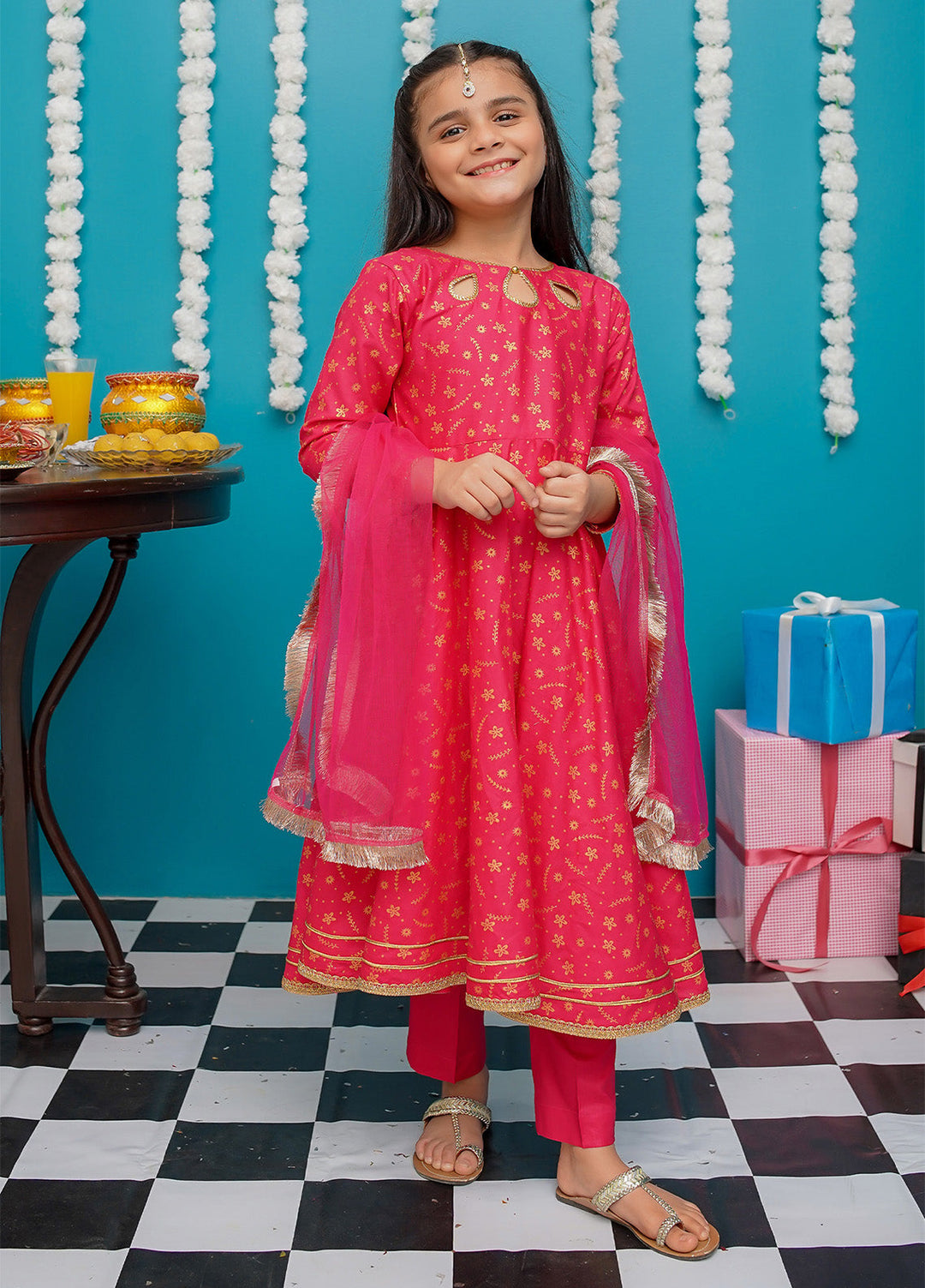Modest Pret Girls Cotton 3 Piece Suit Pink Frock 9220