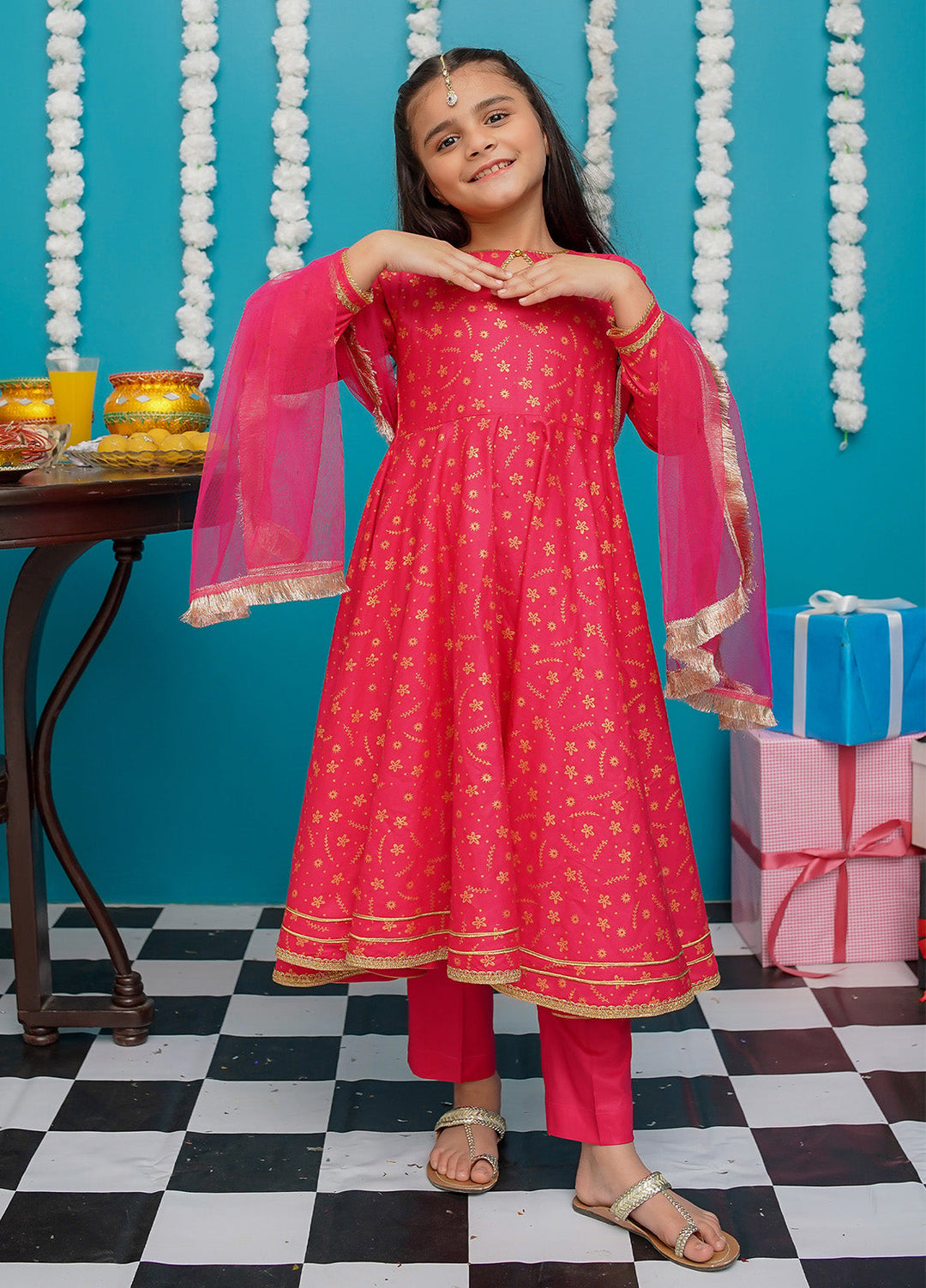 Modest Pret Girls Cotton 3 Piece Suit Pink Frock 9220