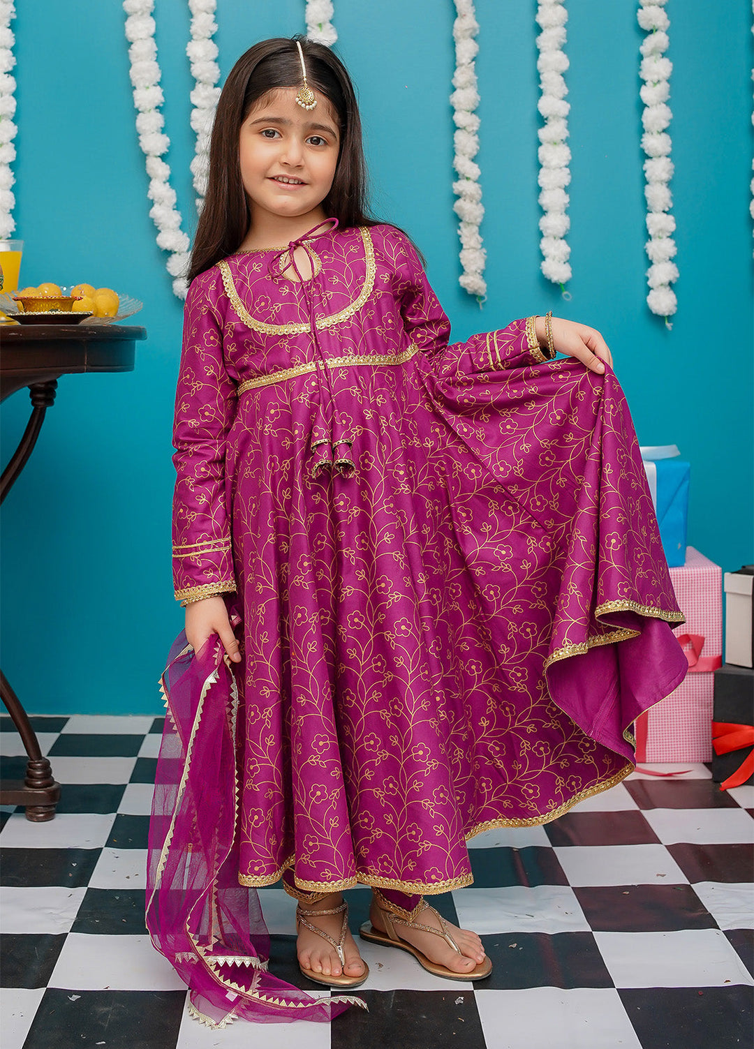 Modest Pret Girls Cotton 3 Piece Suit Purple Frock 9230