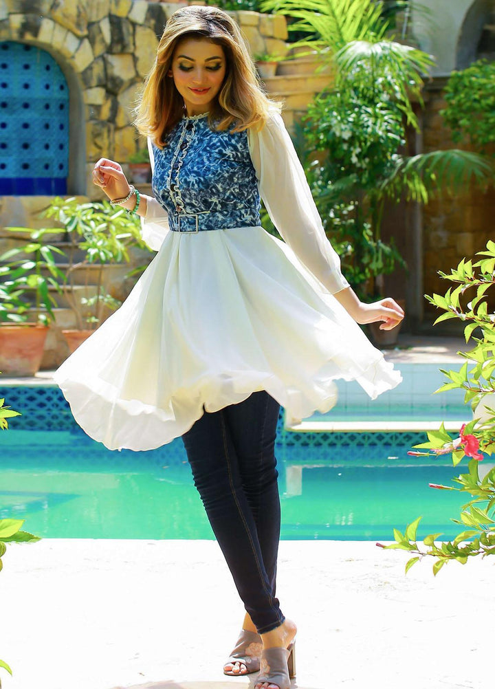 Modest Pret  Chiffon Kurti Mystic Vanilla - W14-Cream Blue