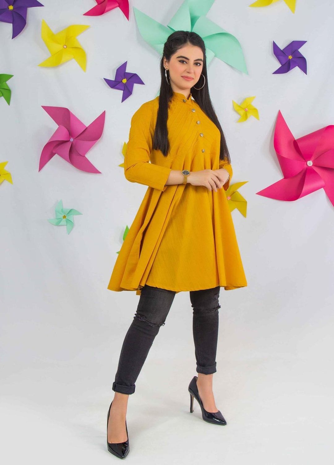 Modest Pret  Khaddar Top Mustard Glaze -W33 Mustard