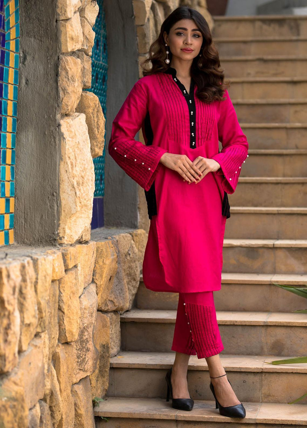 Modest Pret  Cotton 2 Piece Anjuman W49-Hot Pink