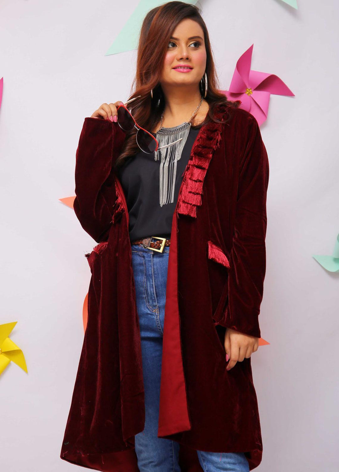 Modest Pret  Velvet Coat Maroon Charm - Trench 3045 Maroon