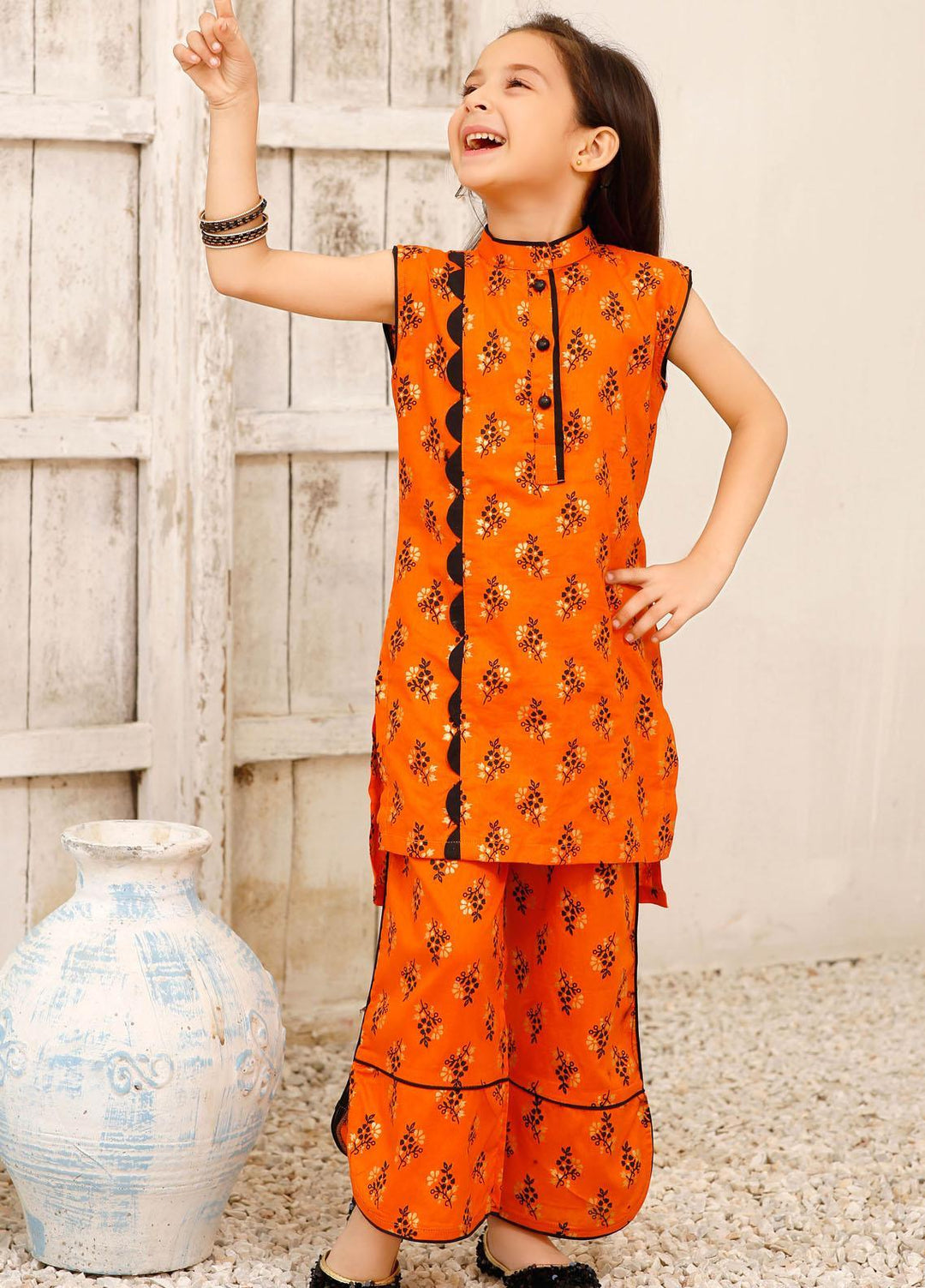 Modest Cotton Pret 2 Piece Suit for Girls -  Bumble bee 6075-Orange