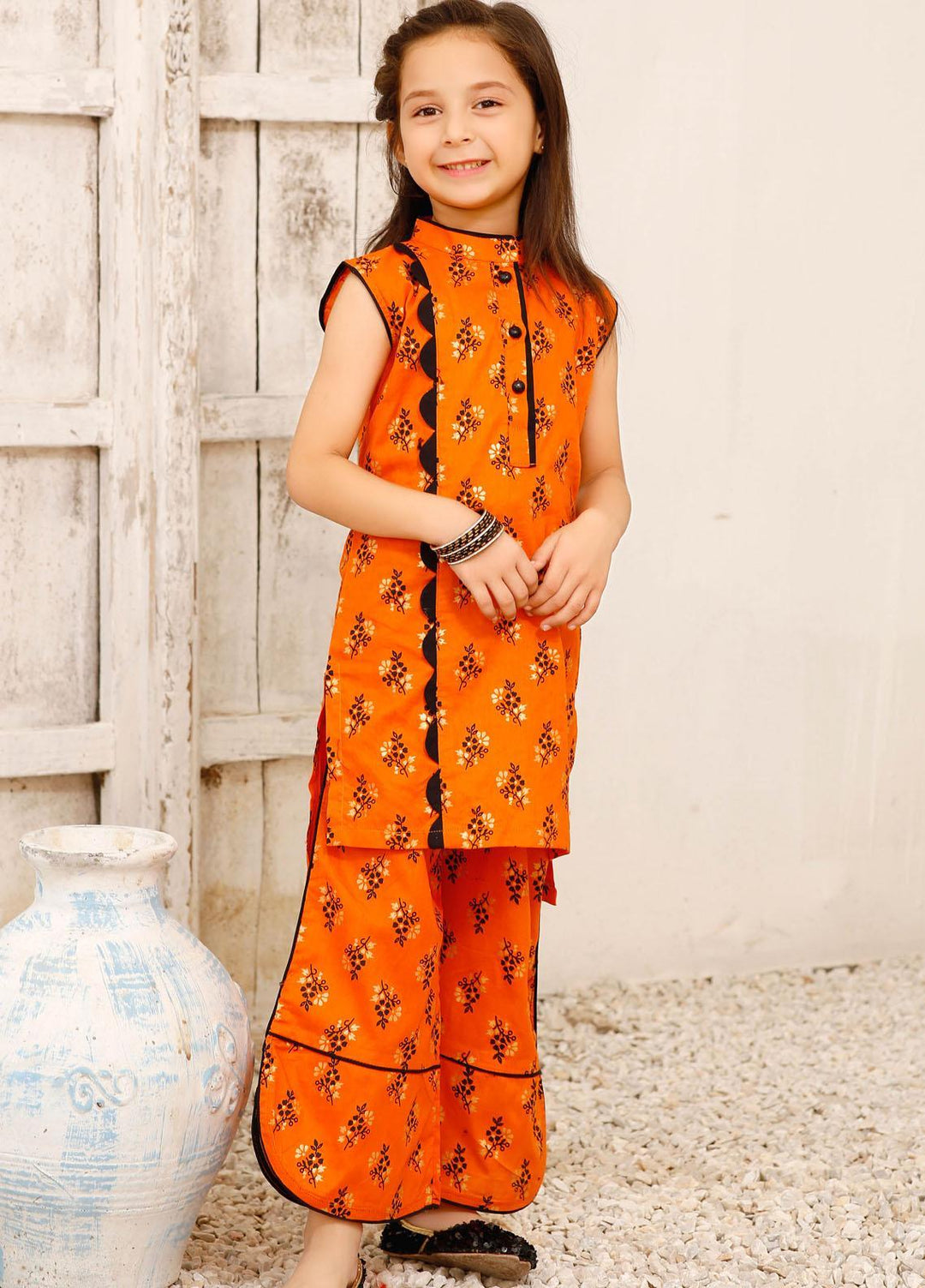 Modest Cotton Pret 2 Piece Suit for Girls -  Bumble bee 6075-Orange
