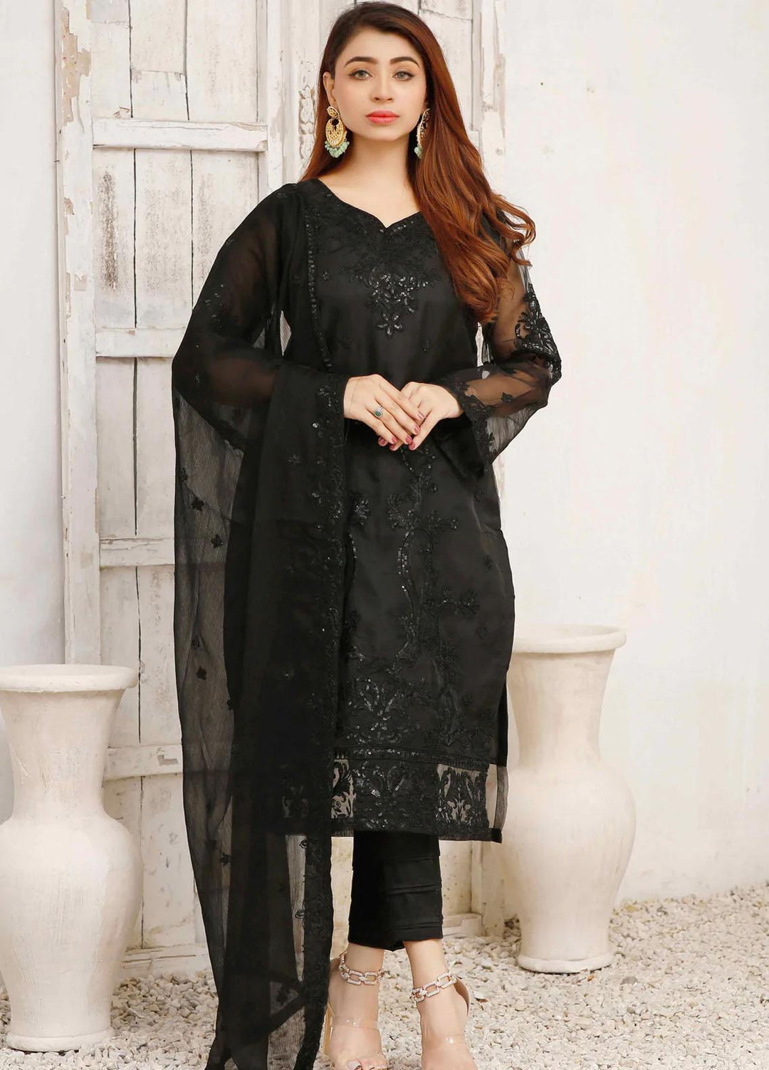 Modest Luxury Pret  Organza 3 Piece Suit Zahenaseeb W197-Black