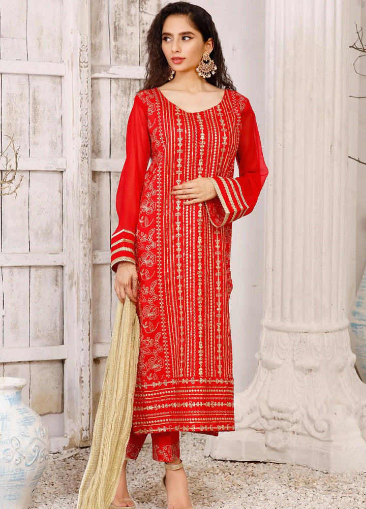 Modest Luxury Pret  Cotton 3 Piece Suit Rangreza W122-Red