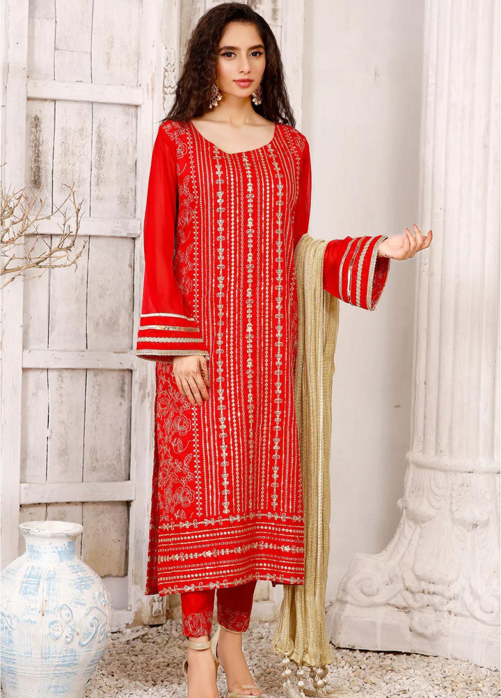 Modest Luxury Pret  Cotton 3 Piece Suit Rangreza W122-Red