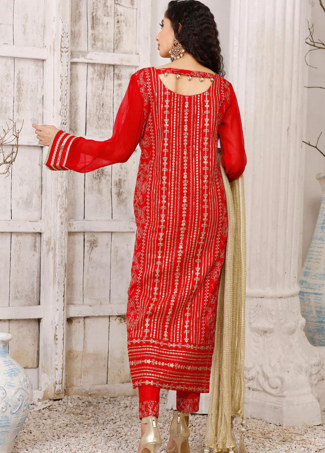 Modest Luxury Pret  Cotton 3 Piece Suit Rangreza W122-Red