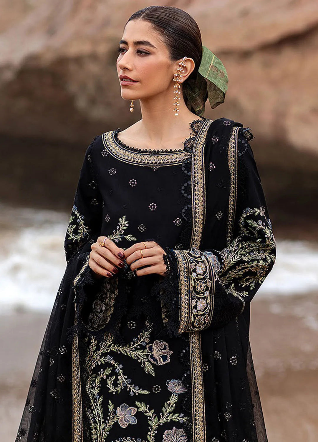 Mohsin Naveed Ranjha Embroidered Lawn Suits Unstitched 3 Piece MNR24DS MFL-015 Surmai - Summer Collection