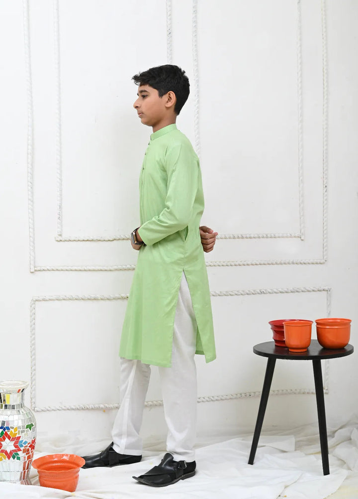 Mom4Little Pret Cotton Light Green Kurta and White Pajama