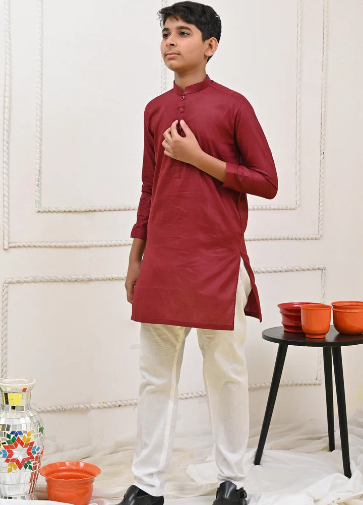 Mom4Little Pret Cotton Maroon and White Kurta Pajama