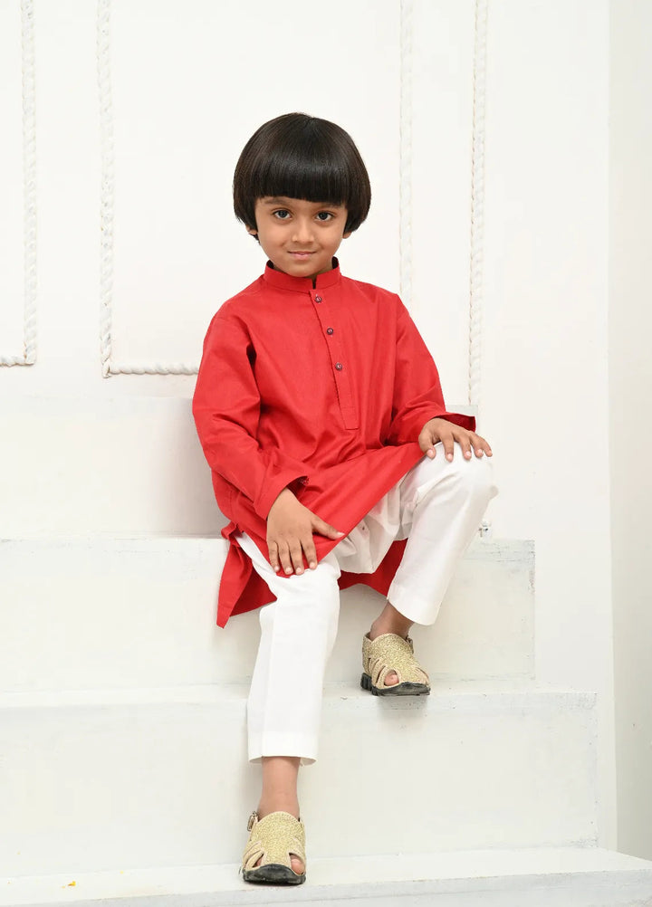 Mom4Little Pret Cotton Red Kurta and White Pajama
