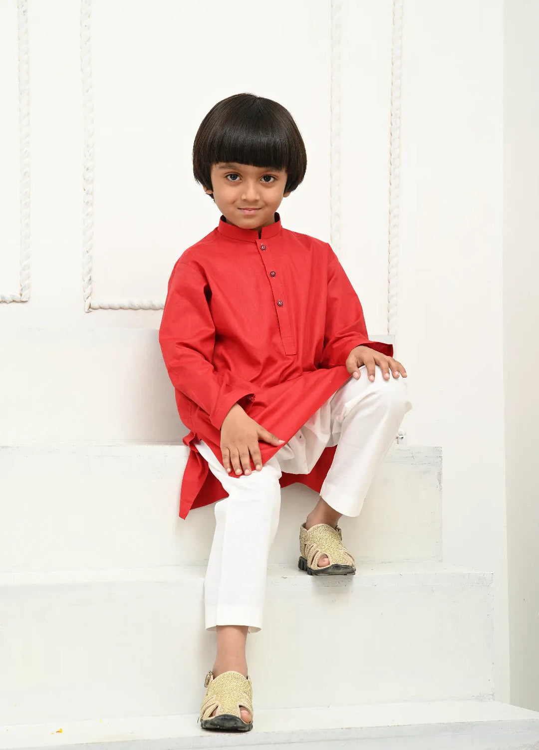 Mom4Little Pret Cotton Red Kurta and White Pajama